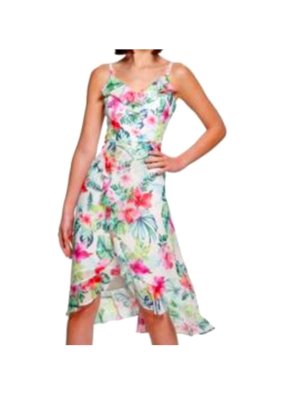 Kensie White Tropical Floral Women’s Maxi Dress with Pink & Green Print -Size 12